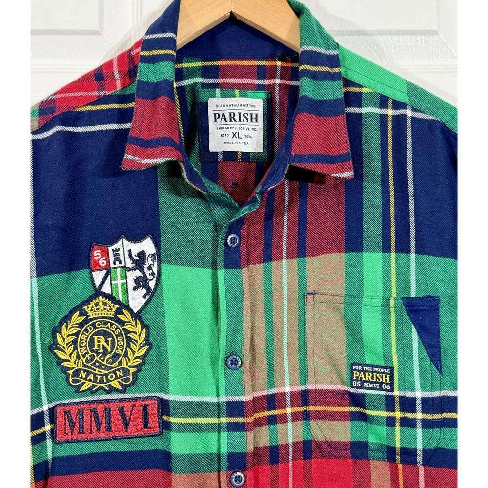 Parish Nation Men's Plaid Flannel Patch Long Sleeve Button Up Shirt Size XL